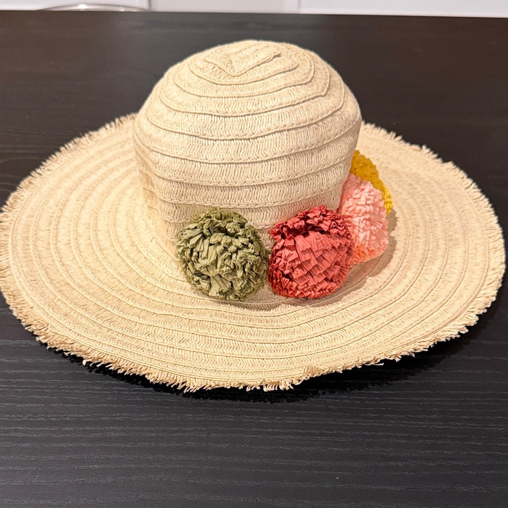 Cream Straw Beach Hat with Colorful Pom Poms